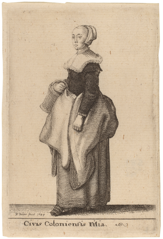 A drawing of Thomasine hall in traditional women's clothing, New York Historical Society 
